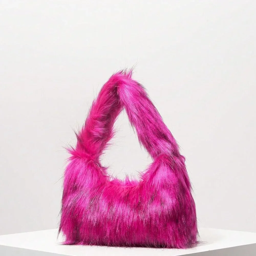 Faux Fur Shoulder Bag Womens Plush Crescent Hobo Purse Underarm Tote
